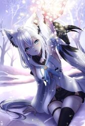 Rule 34 | 1girl, ahoge, animal ear fluff, animal ears, black shorts, black thighhighs, blue neckerchief, blush, braid, commentary request, detached sleeves, earrings, fox ears, fox girl, fox tail, green eyes, hair between eyes, highres, hololive, hood, hoodie, jewelry, long hair, looking at viewer, neckerchief, open mouth, outstretched arm, shirakami fubuki, shirakami fubuki (1st costume), short shorts, shorts, sidelocks, single braid, single thighhigh, sitting, snow, solo, tail, thigh strap, thighhighs, virtual youtuber, white hair, white hoodie, yuugi roki