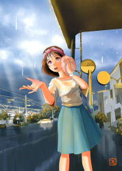 Rule 34 | 1girl, blue skirt, brown eyes, brown hair, building, chutohampa, cloud, cloudy sky, feet out of frame, hands up, long hair, open mouth, original, outdoors, pleated skirt, power lines, reflection, shadow, shirt, sign, skirt, sky, solo, tree, watch, wet, wet clothes, wet shirt, white shirt, wide shot, wristwatch