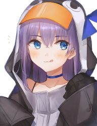 Rule 34 | 1girl, animal hood, black jacket, blue bow, blue eyes, blush, bow, choker, closed mouth, collarbone, fate/grand order, fate (series), hair between eyes, highres, hood, jacket, licking lips, long hair, looking to the side, meltryllis (fate), meltryllis (swimsuit lancer) (first ascension) (fate), oyuyu, penguin hood, purple hair, simple background, sleeves past fingers, sleeves past wrists, smile, solo, tongue, tongue out, white background