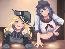 Rule 34 | 1girl, age regression, age switch, aged down, aged up, akatsuki (kancolle), anchor symbol, armor, bismarck (kancolle), black hair, black hat, black sailor collar, black skirt, blonde hair, blue eyes, breastplate, commentary request, cowboy shot, detached sleeves, flat cap, grey eyes, grey hat, hair between eyes, hand on own hip, hat, kantai collection, long hair, looking at viewer, midriff, navel, neckerchief, one eye closed, open mouth, oversized clothes, peaked cap, red neckerchief, role reversal, sailor collar, shingyou (alexander-13), skirt, smug, solo, table, undersized clothes, upper body