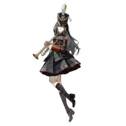 Rule 34 | 1girl, black dress, black footwear, black hair, black socks, bow, dress, dress bow, full body, funengliang jieheti, girls&#039; frontline, green bow, green hair, grey eyes, grin, hair between eyes, hat, hat feather, high heels, highres, holding, holding instrument, instrument, kneehighs, long hair, long sleeves, looking to the side, m4a1 (girls&#039; frontline), m4a1 (sunshine through the pines) (girls&#039; frontline), marching band, multicolored hair, official alternate costume, official art, shako cap, simple background, smile, socks, solo, standing, standing on one leg, streaked hair, transparent background, trumpet