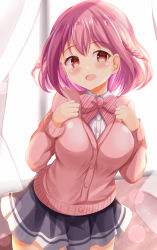 Rule 34 | 1girl, :d, backlighting, black skirt, blush, bow, braid, breasts, cardigan, collared shirt, commentary request, curtains, day, diagonal-striped bow, dress shirt, hair between eyes, hands up, highres, hoshizaki akari, indoors, long sleeves, looking at viewer, medium breasts, ongeki, open mouth, pink bow, pink cardigan, pleated skirt, purple hair, red eyes, school uniform, shirt, skirt, smile, solo, sunlight, twin braids, white shirt, window, xenon (for achieve)