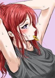 Rule 34 | 1girl, adjusting hair, armpits, arms up, blush, hair tie, long hair, looking at viewer, love live!, love live! school idol project, mouth hold, nishikino maki, purple eyes, red hair, ribbon, ribbon in mouth, shogo (4274732), solo, sweatdrop, tying hair