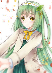 Rule 34 | 1girl, a k 1, ahoge, bad id, bad pixiv id, blush, bow, coat, flower knight girl, green hair, hair ornament, hair ribbon, long hair, long sleeves, looking at viewer, mint (flower knight girl), ribbon, simple background, smile, solo, standing, white background, yellow bow, yellow eyes, yellow ribbon
