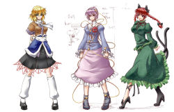 Rule 34 | 3girls, animal ears, arm warmers, arms behind back, blonde hair, braid, cat ears, cat girl, expressionless, female focus, frown, green eyes, hairband, heart, height chart, high heels, kaenbyou rin, komeiji satori, mizuhashi parsee, multiple girls, multiple tails, ootsuki wataru, pigeon-toed, pointy ears, purple eyes, purple hair, red eyes, red hair, scarf, shoes, smile, tail, touhou, twin braids, twintails, two tails