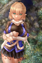 Rule 34 | 1girl, black skirt, blonde hair, commentary request, hair between eyes, highres, looking at viewer, miniskirt, mizuhashi parsee, outdoors, plant, pointy ears, scarf, shounen (hogehoge), skirt, solo, touhou, white scarf