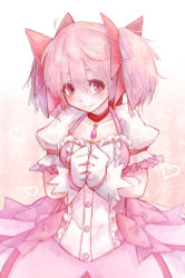 Rule 34 | 10s, 1girl, bubble skirt, choker, gloves, hair ribbon, highres, hoshibuchi, kaname madoka, magical girl, mahou shoujo madoka magica, mahou shoujo madoka magica (anime), own hands together, pink eyes, pink hair, ribbon, short twintails, skirt, smile, solo, twintails, two side up, white gloves