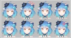 Rule 34 | + +, 1girl, :3, :d, :t, ?, ahoge, anger vein, animal ear fluff, animal ears, animal hat, bare shoulders, black headwear, blue flower, blue hair, blue rose, blush, braid, brown eyes, cat ears, cat hat, catxuan, closed mouth, commentary, crown braid, drooling, fake animal ears, flower, glasses, gradient hair, grey background, hair flower, hair ornament, hairclip, hat, highres, mini hat, mole, mole under eye, multicolored hair, multiple views, open mouth, original, parted lips, portrait, pout, pouty lips, red-framed eyewear, rose, saliva, semi-rimless eyewear, smile, symbol-only commentary, teeth, tilted headwear, under-rim eyewear, upper teeth only