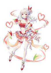 Rule 34 | 1girl, absurdres, asymmetrical legwear, bad id, bad pixiv id, bare shoulders, beige skirt, blush, boots, bow, breasts, character request, check character, choker, cleavage, clothing request, collarbone, commentary request, dated, detached sleeves, flower, frills, fruits fulcute!, full body, gloves, grey hair, hair bun, hair flower, hair ornament, hair ribbon, hand up, headset, heart, high heels, highres, kneehighs, large breasts, long hair, looking at viewer, microphone, miniskirt, multicolored bow, navel, one side up, open mouth, pleated skirt, puffy short sleeves, puffy sleeves, red bow, red eyes, red footwear, red ribbon, ribbon, ringo (fruits fulcute!), shiro albino, short sleeves, single hair bun, single kneehigh, single sock, single thighhigh, skirt, socks, solo, stomach, striped, thigh strap, thighhighs, uneven legwear, white background, white bow, white flower, white footwear, white gloves, white socks