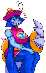 Rule 34 | 1girl, aaronhibiki, blue hair, blue skin, blush stickers, breasts, capcom, chinese clothes, claws, cleavage, cleavage cutout, clothing cutout, colored skin, hat, highres, jiangshi, large breasts, lei lei, muscular, muscular female, ofuda, qingdai guanmao, short hair, sitting, solo, vampire (game), xxxhibiki, yellow eyes