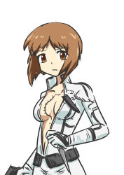 Rule 34 | 1girl, absurdres, bodysuit, brown eyes, brown hair, cosplay, dozumiiru, game console, girls und panzer, gun, handgun, highres, knife, long sleeves, looking at viewer, metal gear (series), metal gear solid 3: snake eater, military, nishizumi miho, pistol, playstation 2, pouch, scar, scar on chest, short hair, standing, tactical clothes, the boss, the boss (cosplay), weapon, white bodysuit