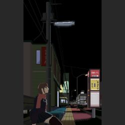 Rule 34 | 1girl, animated, animated gif, bench, black dress, black sailor collar, black thighhighs, blinking, breath, brown eyes, bus stop, dongq, dress, flickering, lamppost, lights, looking ahead, lowres, motor vehicle, night, on bench, original, pixel art, red scarf, road, sailor collar, scarf, scenery, school uniform, sign, signpost, sitting, street, thighhighs, waiting