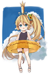 Rule 34 | 1girl, absurdly long hair, bare arms, bare shoulders, black one-piece swimsuit, blonde hair, blue bow, blue eyes, blue scrunchie, bow, charlotta (granblue fantasy), crown, day, flower, full body, granblue fantasy, hair bow, hair flower, hair ornament, harvin, innertube, long hair, meito (maze), mini crown, one-piece swimsuit, outdoors, platform footwear, sandals, scrunchie, side ponytail, solo, standing, sunflower, sunflower hair ornament, swim ring, swimsuit, thigh strap, transparent, very long hair, white footwear, wrist scrunchie, yellow flower