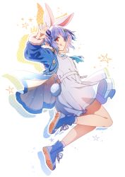 Rule 34 | 1girl, :q, absurdres, animal ears, blue footwear, blue hair, blue jacket, blue neckerchief, commentary request, dress, floating, from side, full body, highres, hololive, jacket, jumping, long sleeves, looking at viewer, neckerchief, open clothes, open jacket, rabbit ears, rabbit girl, rabbit tail, red eyes, shoes, short eyebrows, short hair, sideways glance, solo, sushida hayari, tail, thick eyebrows, tongue, tongue out, twitter username, usada pekora, usada pekora (casual), virtual youtuber, white background, white dress