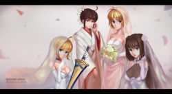 Rule 34 | 00s, 4girls, :o, ahoge, alternate costume, alternate hairstyle, aozaki aoko, aqua eyes, arcueid brunestud, artist name, artoria pendragon (all), artoria pendragon (fate), bare shoulders, blonde hair, blue eyes, blurry, bouquet, breasts, brown eyes, brown hair, choker, cleavage, closed mouth, company connection, d.sum, depth of field, dress, english text, excalibur (fate/stay night), fate/stay night, fate (series), finger to mouth, flower, formal, gem, gloves, hair flower, hair intakes, hair ornament, hair up, highres, holding, holding bouquet, holding sword, holding weapon, index finger raised, japanese clothes, jewelry, kara no kyoukai, kimono, large breasts, letterboxed, lily (flower), looking at viewer, mahou tsukai no yoru, medium breasts, melty blood, multiple girls, official alternate costume, petals, red eyes, rose, ryougi shiki, saber (fate), saber (royal dress) (fate), see-through, shushing, sidelocks, sleeveless, sleeveless dress, smile, standing, strapless, strapless dress, sword, tsukihime, type-moon, uchikake, veil, weapon, wedding dress, white dress, white flower, white gloves, white rose