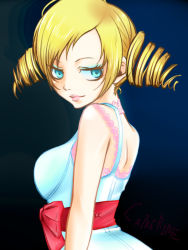 Rule 34 | 1girl, blonde hair, blue eyes, catherine, catherine (game), choker, drill hair, larimen, looking back, ribbon, solo, twin drills, twintails