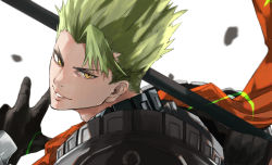 Rule 34 | 1boy, achilles (fate), armor, fate/apocrypha, fate/grand order, fate (series), gloves, green hair, highres, kdm (ke dama), looking at viewer, male focus, open mouth, orange scarf, polearm, scarf, short hair, smile, solo, spear, weapon, yellow eyes