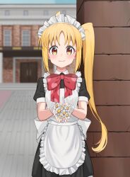 Rule 34 | 1girl, absurdres, apron, black dress, blonde hair, blurry, blurry background, blush, bocchi the rock!, bow, bowtie, brick floor, brick wall, building, choppy bangs, closed mouth, commentary, dress, frilled apron, frills, highres, ijichi nijika, long hair, looking at viewer, maid apron, maid headdress, parted bangs, polka dot bowtie, red bow, red bowtie, red eyes, shimizu keitaro, short sleeves, side ponytail, smile, solo, white apron, white headdress