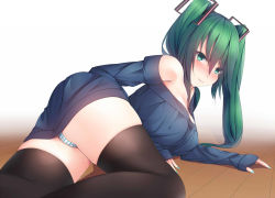 Rule 34 | 1girl, aqua eyes, bare shoulders, black hair, black thighhighs, blue dress, blue nails, blush, breasts, closed mouth, dress, female focus, green hair, hair between eyes, hair ornament, hatsune miku, kiseno, large breasts, long hair, long sleeves, lying, nail polish, off shoulder, on floor, on side, panties, pantyshot, sleeves past wrists, solo, striped clothes, striped panties, thighhighs, twintails, underwear, very long hair, vocaloid, wooden floor