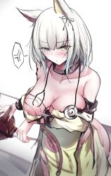 Rule 34 | 1girl, absurdres, anger vein, animal ear fluff, animal ears, arknights, armband, bare shoulders, blunt bangs, blush, breasts, cleavage, collarbone, commentary request, dress, green dress, green eyes, grey hair, highres, kal&#039;tsit (arknights), kokihanada, large breasts, long sleeves, looking at viewer, material growth, medium hair, multiple girls, off shoulder, originium slug (arknights), oripathy lesion (arknights), sidelocks, smile, solo, solo focus, sound effects, spoken anger vein, stethoscope, suggestive fluid, torn clothes, torn dress, upper body, white background