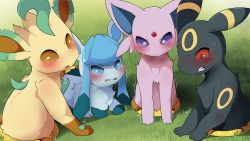 Rule 34 | @ @, animal focus, blue eyes, blush, brown eyes, clenched teeth, creatures (company), dagashi (daga2626), espeon, facial mark, fang, forehead jewel, forehead mark, game freak, gen 2 pokemon, gen 4 pokemon, glaceon, grass, highres, leafeon, nintendo, open mouth, outdoors, pokemon, pokemon (creature), purple eyes, red eyes, restrained, sidelocks, stationary restraints, tearing up, teeth, through wall, umbreon, wavy mouth