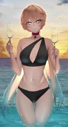 Rule 34 | 1girl, absurdres, bikini, black bikini, blonde hair, breasts, choker, cocktail glass, cup, day, drinking glass, girls&#039; frontline, highres, holding, holding cup, large breasts, long hair, navel, ocean, ots-14 (girls&#039; frontline), red choker, saturndxy, solo, standing, star (symbol), star choker, swimsuit, very long hair, wading, yellow eyes