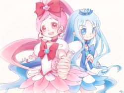 Rule 34 | 10s, 2girls, blue eyes, blue hair, blue skirt, bow, brooch, cure blossom, cure marine, dress, eevee-moon, hair ornament, hanasaki tsubomi, heart, heart brooch, heartcatch precure!, highres, interlocked fingers, kurumi erika, long hair, magical girl, multiple girls, open mouth, own hands clasped, own hands together, pink bow, pink eyes, pink hair, ponytail, precure, ribbon, skirt, smile, twintails, wrist cuffs