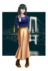 Rule 34 | 1girl, absurdres, arm across waist, asagaya (colcol), beer can, black eyes, black hair, blue shirt, blurry, blurry background, brand name imitation, brown footwear, brown skirt, can, collarbone, drink can, highres, holding, holding can, honda kabura, jewelry, long skirt, long sleeves, necklace, photo background, shirt, shoes, skirt, solo, yofukashi no uta