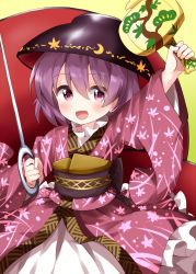 Rule 34 | 1girl, :d, blush, bowl, bowl hat, cowboy shot, frills, hair between eyes, hat, highres, holding, holding mallet, holding needle, japanese clothes, kimono, long sleeves, looking at viewer, mallet, miracle mallet, needle, obi, one-hour drawing challenge, open mouth, purple eyes, purple hair, ruu (tksymkw), sash, short hair, simple background, smile, solo, sukuna shinmyoumaru, touhou, wide sleeves, yellow background