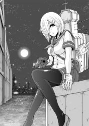 Rule 34 | 10s, 1girl, aiming, aiming at viewer, between breasts, breasts, building, city, cross, gloves, greyscale, gun, hair ornament, hair over one eye, hairclip, hamakaze (kancolle), highres, holding, holding gun, holding weapon, issy, kantai collection, looking at viewer, machinery, miniskirt, monochrome, moon, night, night sky, ocean, outdoors, pantyhose, pleated skirt, ribbon, school uniform, serafuku, short hair, short sleeves, sitting, skirt, sky, solo, weapon
