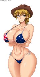 1girl australia australian_flag australian_flag_print bikini blonde_hair blue_eyes breasts cleavage covered_erect_nipples crossed_arms curvy flag_bikini flag_print hat highres large_breasts legs looking_at_viewer medium_hair navel ponytail solo swimsuit tan tanline thick_thighs thighs thong_bikini tomoboyist toned umineko_no_naku_koro_ni unamused ushiromiya_jessica wide_hips