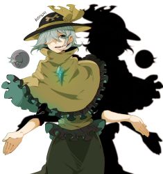Rule 34 | 1girl, adapted costume, bad id, bad twitter id, blue eyes, character name, cowboy shot, crystal, earrings, frills, grey hair, hair over one eye, hat, hat ribbon, jewelry, komeiji koishi, namataro, open mouth, outstretched hand, ribbon, shadow, shawl, short hair, skirt, solo, third eye, touhou, turtleneck, white background