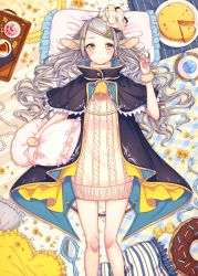 Rule 34 | 1girl, absurdres, animal ears, bell, blush, cape, cheese, flower, frilled pillow, frills, highres, legs, long hair, lying, nail polish, on back, original, pie, pillow, silver hair, smile, solo, sweater, tray, turtleneck, umeno (shio1205), yellow eyes