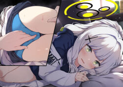 Rule 34 | 1boy, 1girl, @ @, ass, blue archive, blue hoodie, blue panties, fingering, fingering through clothes, fingering through panties, green eyes, grey hair, halo, hare (blue archive), highres, hood, hoodie, jacket, jon (pixiv31559095), long hair, lying, on side, open mouth, panties, thighs, through clothes, underwear, wavy mouth, white jacket