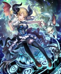 Rule 34 | 1girl, :d, artist request, blonde hair, breasts, bustier, card, cygames, demon girl, demon horns, demon tail, demon wings, dog, dress, frills, gremory (shadowverse), horns, large breasts, magic circle, official art, open mouth, pointy ears, puffy sleeves, ribbon, shadowverse, smile, tail, thighhighs, twintails, wings, yellow eyes