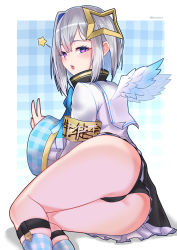 Rule 34 | 1girl, absurdres, amane kanata, angel, angel wings, ass, blush, feathered wings, grey hair, halo, heart, heart-shaped pupils, highres, hololive, looking at viewer, panties, purple eyes, short hair, solo, spoken star, star (symbol), star halo, symbol-shaped pupils, thighs, tinnies, underwear, v, virtual youtuber, wings