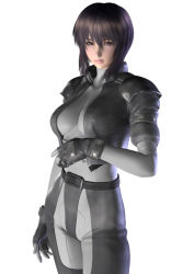 Rule 34 | 00s, 1girl, 3d, black hair, bodysuit, brown eyes, fingerless gloves, ghost in the shell, ghost in the shell stand alone complex, gloves, highres, hinemaru, jacket, kusanagi motoko, leather, lips, md5 mismatch, purple hair, solo, unzipped