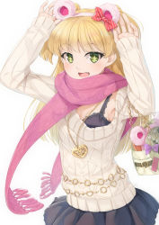 Rule 34 | + +, 1girl, animal ears, armpit peek, arms up, bag, bear ears, belly chain, black skirt, blonde hair, blush, bow, breasts, carrying bag, commentary request, cowboy shot, eyebrows hidden by hair, fake animal ears, fang, glint, green eyes, hair bow, hairband, handbag, heart, heart necklace, idolmaster, idolmaster cinderella girls, jewelry, jougasaki rika, long sleeves, looking at viewer, miri (ago550421), necklace, open mouth, pink scarf, polka dot, polka dot bow, scarf, simple background, skirt, sleeves past wrists, small breasts, solo, sweater vest, two side up, white background, winter clothes
