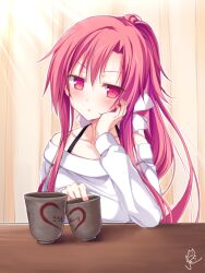 Rule 34 | 1girl, bare shoulders, blush, casual, chaamii, character name, closed mouth, collarbone, commentary request, cup, hair between eyes, hair ribbon, hand up, head rest, heart, highres, hikoukigumo no mukougawa, indoors, jitome, lips, long hair, long sleeves, looking at viewer, mishio eiri, off-shoulder shirt, off shoulder, ponytail, red eyes, red hair, ribbon, shirt, sidelocks, signature, solo, translated, upper body, v-shaped eyebrows, white ribbon
