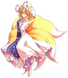 Rule 34 | 1girl, alphes (style), animal ears, blonde hair, dairi, dress, fox ears, fox tail, full body, hat, highres, mob cap, multiple tails, parody, short hair, smile, solo, style parody, tabard, tail, touhou, transparent background, yakumo ran, yellow eyes