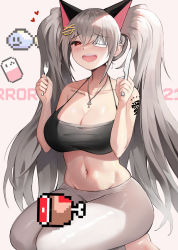 Rule 34 | 1girl, absurdres, bare arms, bare shoulders, barefoot, blush, body writing, breasts, chicken (food), cleavage, collarbone, food, fork, grey hair, hands up, havoc-chan, heart, heart-shaped pupils, highres, holding, holding fork, holding knife, jewelry, kneeling, knife, large breasts, long hair, navel, necklace, one eye covered, open mouth, original, pants, pixelated, red eyes, smile, suou-sensei, symbol-shaped pupils, thighs, twintails, white pants
