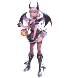 Rule 34 | 1girl, absurdres, bare shoulders, black thighhighs, boots, breasts, candy, cleavage, closed mouth, collarbone, commentary request, demon girl, demon horns, demon tail, demon wings, detached collar, dress, food, full body, gloves, hair ornament, halloween bucket, halloween costume, high heel boots, high heels, highres, horns, king&#039;s raid, knee boots, large breasts, lips, looking at viewer, medium hair, official art, pointy ears, puffy short sleeves, puffy sleeves, purple eyes, serious, shiny clothes, shiny skin, short dress, short sleeves, simple background, skirt, skirt hold, solo, standing, taejoo lee, tail, thighhighs, thighs, white background, white hair, wings, zettai ryouiki