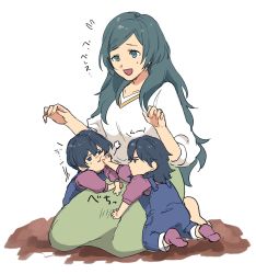 Rule 34 | 1boy, 2girls, aged down, alternate costume, blue eyes, blue hair, brother and sister, byleth (female) (fire emblem), byleth (fire emblem), byleth (male) (fire emblem), closed mouth, fire emblem, fire emblem: three houses, highres, long hair, mother and daughter, mother and son, multiple girls, nintendo, open mouth, overalls, short hair, short sleeves, siblings, simple background, sitri (fire emblem), sitting, souen senri, white background