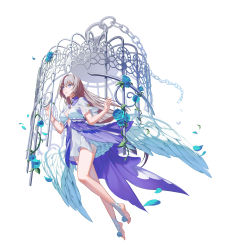 Rule 34 | 1girl, barefoot, blue flower, breasts, brown hair, cage, chain, cleavage, dress, flower, full body, highres, long hair, medium breasts, mt (ringofive), original, parted lips, petals, purple eyes, short sleeves, thorns, white background, white dress, white wings, wings