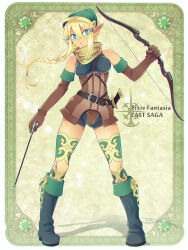 Rule 34 | 1girl, arrow (projectile), belt, black footwear, blonde hair, blue eyes, boots, bow (weapon), braid, braided ponytail, breasts, copyright name, elbow gloves, elf, full body, gloves, green headwear, hair between eyes, hira taira, holding, holding bow (weapon), holding weapon, o-ring, pixiv fantasia, pixiv fantasia last saga, pointy ears, sidelocks, small breasts, standing, tan, weapon