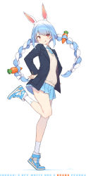 Rule 34 | 1girl, :q, absurdres, air jordan, air jordan 1, alternate costume, animal ear fluff, animal ears, bare legs, blue hair, blush, braid, carrot, carrot hair ornament, cloba, food-themed hair ornament, full body, hair ornament, hand on own hip, highres, hololive, jacket, licking lips, long hair, long sleeves, looking at viewer, multicolored hair, nike (company), off-white (brand), rabbit ears, rabbit girl, school uniform, shoes, skirt, smile, socks, solo, standing, standing on one leg, thick eyebrows, tongue, tongue out, twin braids, twintails, two-tone hair, usada pekora, virtual youtuber, white hair, white socks