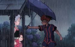 Rule 34 | 1girl, 2boys, aged down, bare arms, belt, black hair, brother and sister, brown hair, clenched hand, collared shirt, commentary request, creatures (company), dark-skinned male, dark skin, dress, flower, game freak, grey hair, hair ribbon, holding, holding umbrella, hydrangea, korean commentary, looking at another, marnie (pokemon), multicolored hair, multiple boys, nintendo, orange headwear, outdoors, parody, piers (pokemon), pokemon, pokemon swsh, raihan (pokemon), rain, ribbon, scene reference, shirt, short hair, short sleeves, shorts, siblings, standing, tonari no totoro, two-tone hair, umbrella, undercut, zigzagdb