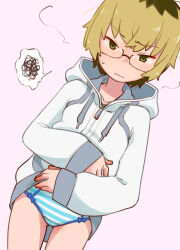 Rule 34 | 1girl, absurdres, blonde hair, clothes lift, drawstring, dutch angle, embarrassed, female focus, glasses, green eyes, highres, hikiotani ito, hood, hooded jacket, jacket, jacket lift, lifted by self, looking at viewer, no pants, ogihara mach, panties, punch line, purple background, semi-rimless eyewear, short hair, simple background, solo, spoken squiggle, squiggle, striped clothes, striped panties, sweatdrop, thighs, underwear, white jacket, zipper pull tab
