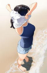 Rule 34 | 1girl, arms up, barefoot, beach, black hair, blue one-piece swimsuit, blurry, blurry background, breasts, clothes lift, commentary request, day, denim, denim shorts, depth of field, from above, mattaku mousuke, medium breasts, medium hair, one-piece swimsuit, original, outdoors, school uniform, shirt, shirt lift, shorts, solo, standing, swimsuit, swimsuit under clothes, water, white shirt