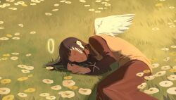 Rule 34 | 1girl, absurdres, angel, brown hair, brown skirt, brown sweater, closed eyes, closed mouth, commentary request, facing viewer, feathered wings, flower, haibane renmei, halo, highres, long hair, long sleeves, lu yu (luyu0631), lying, on grass, on side, outdoors, reki (haibane), skirt, sleeping, solo, sweater, white flower, white wings, wings, yellow flower